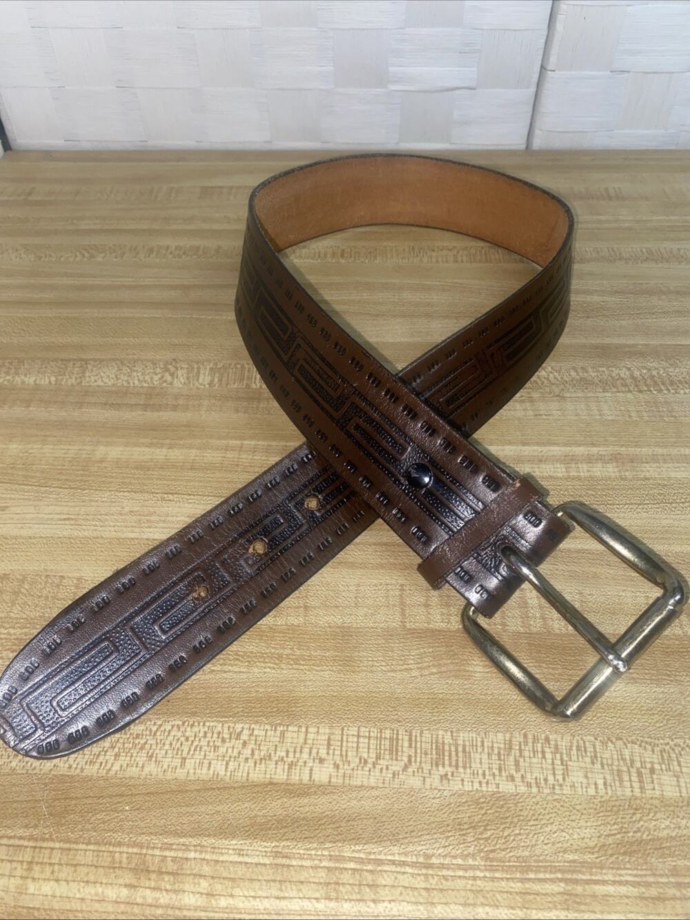 Hand Tooled Leather 1.75” Wide Belt Men’s Brown Black Silver Tone Buckle Sz 30